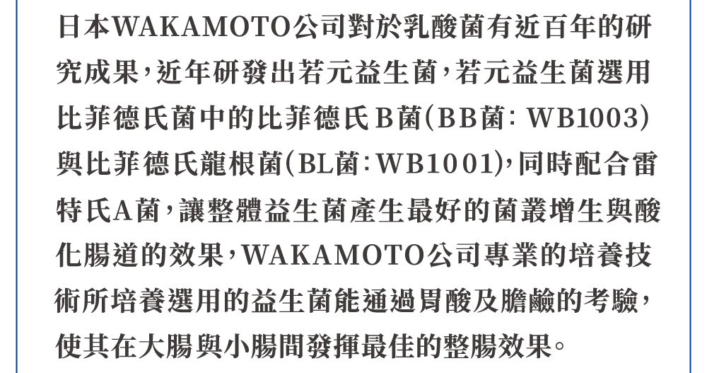 日本 WAKAMOTO 乳酸菌 研究成果 若元益生菌 比菲德氏菌中 比菲德氏B菌 WB1003 比菲德氏龍根菌 WB1001 雷特氏A菌 整腸效果。
