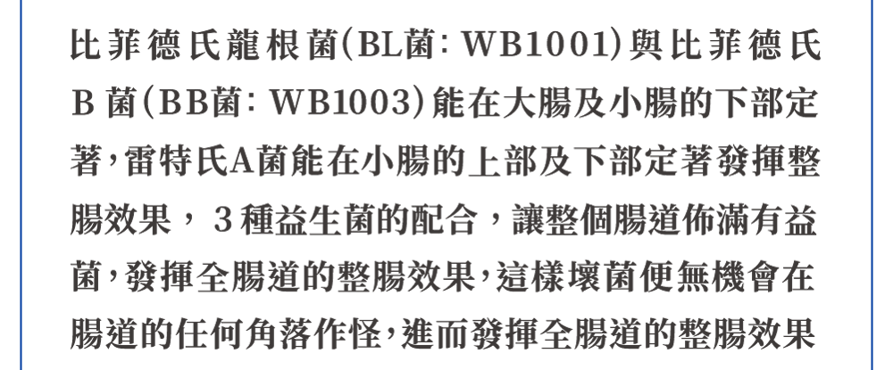 日本 WAKAMOTO 乳酸菌 研究成果 若元益生菌 比菲德氏菌中 比菲德氏B菌 WB1003 比菲德氏龍根菌 WB1001 雷特氏A菌 整腸效果。